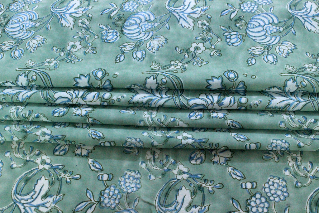 Hand Block Print Cotton Fabric: Green Floral Mughal Design