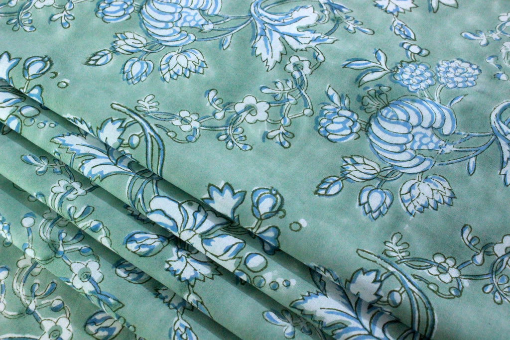 Hand Block Print Cotton Fabric: Green Floral Mughal Design
