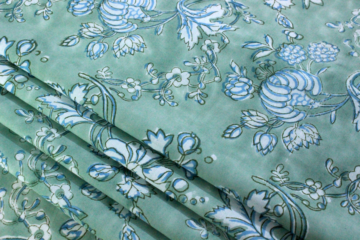 Hand Block Print Cotton Fabric: Green Floral Mughal Design