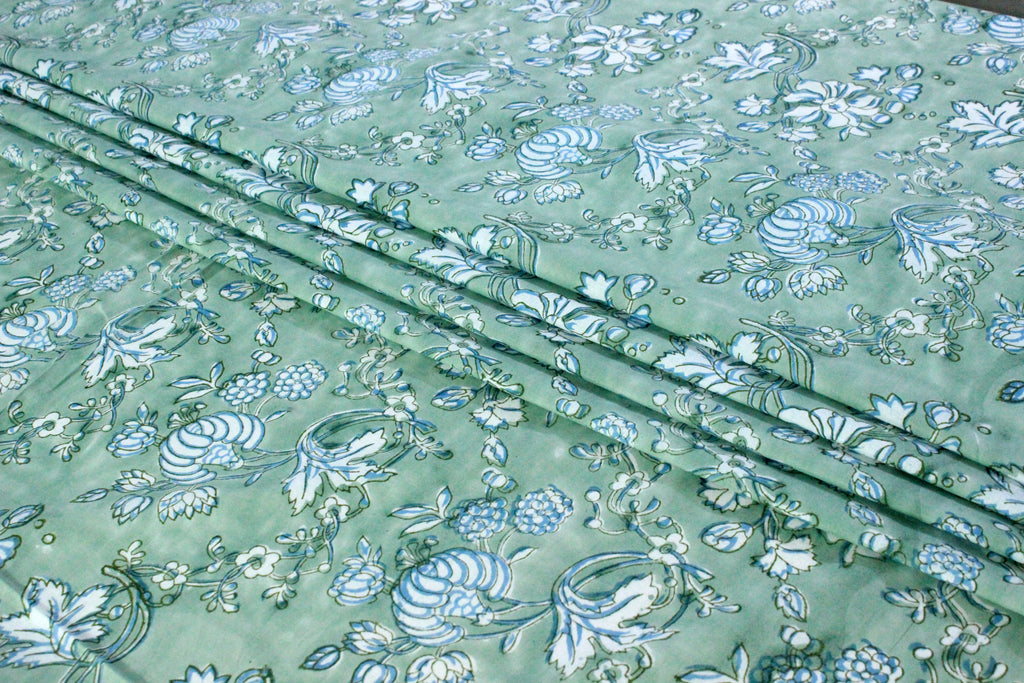 Hand Block Print Cotton Fabric: Green Floral Mughal Design
