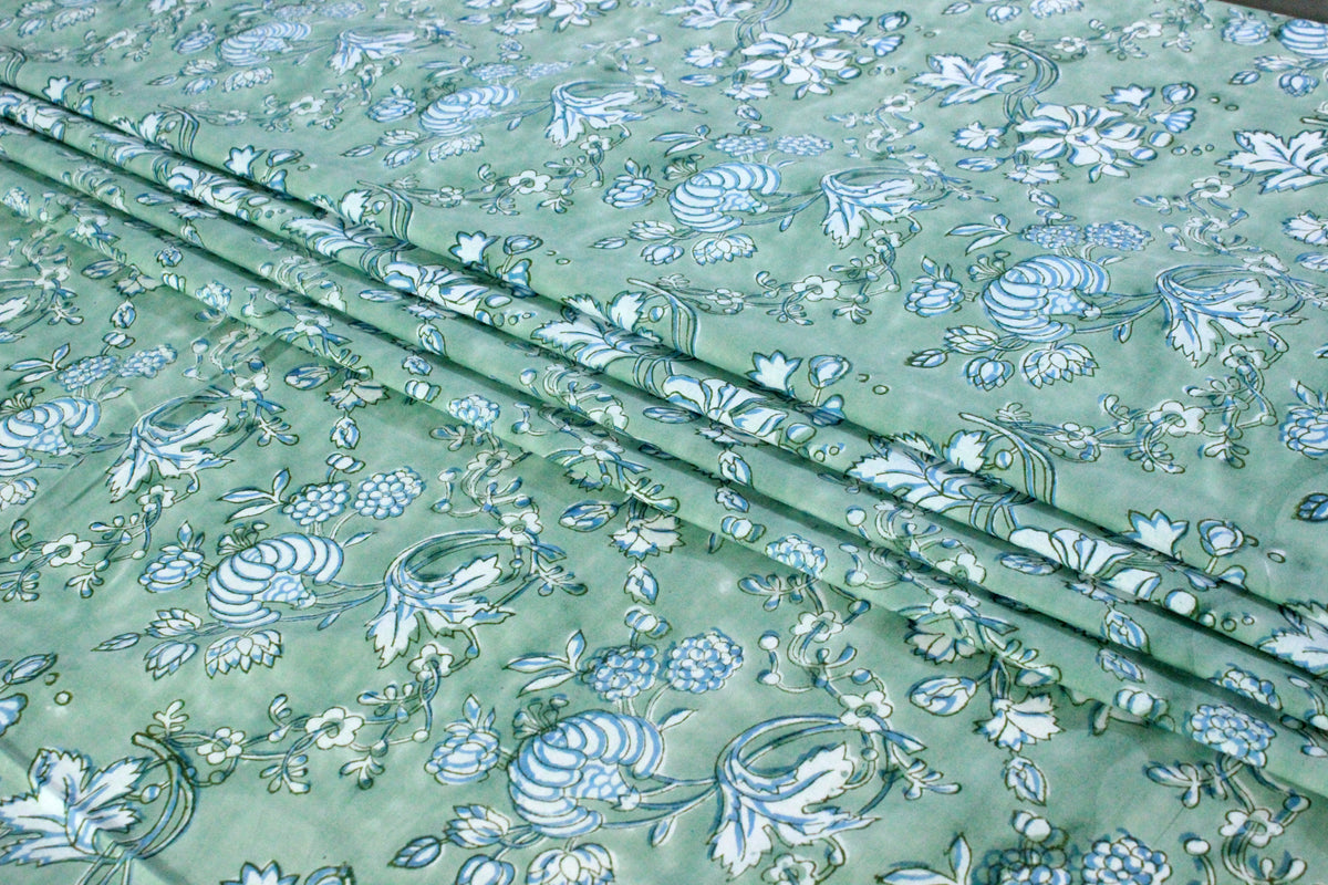 Hand Block Print Cotton Fabric: Green Floral Mughal Design
