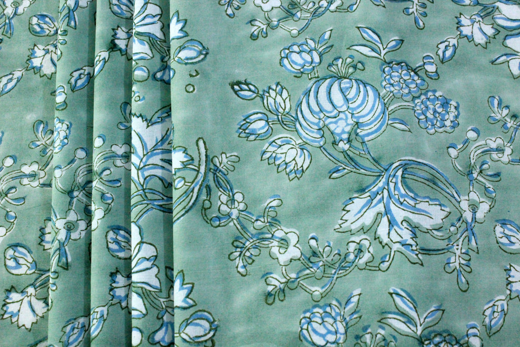 Hand Block Print Cotton Fabric: Green Floral Mughal Design