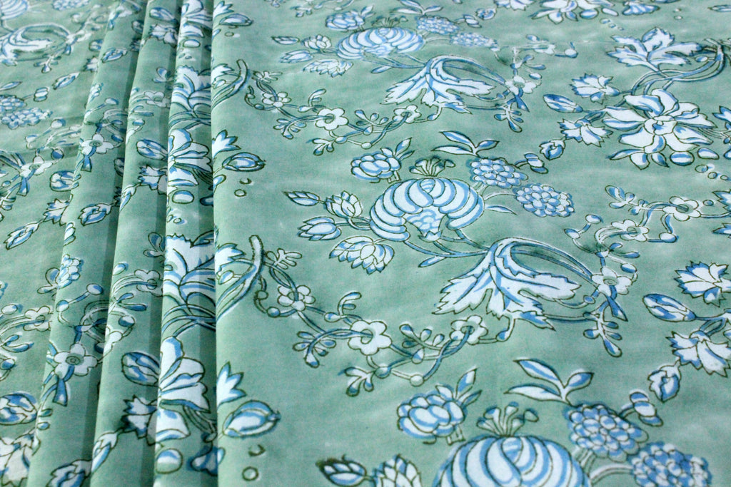 Hand Block Print Cotton Fabric: Green Floral Mughal Design