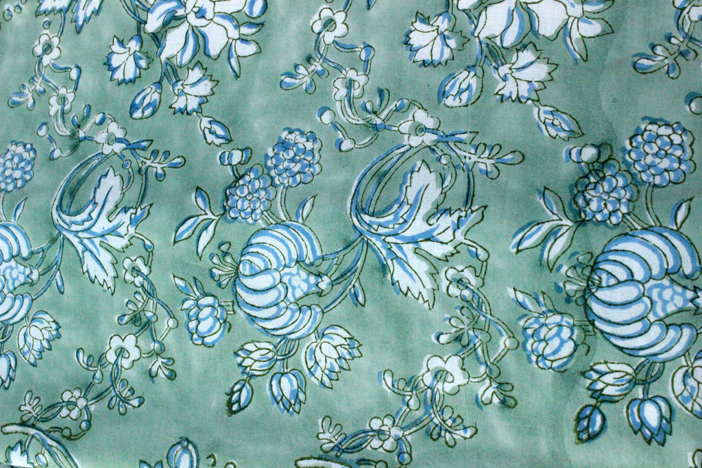 Hand Block Print Cotton Fabric: Green Floral Mughal Design