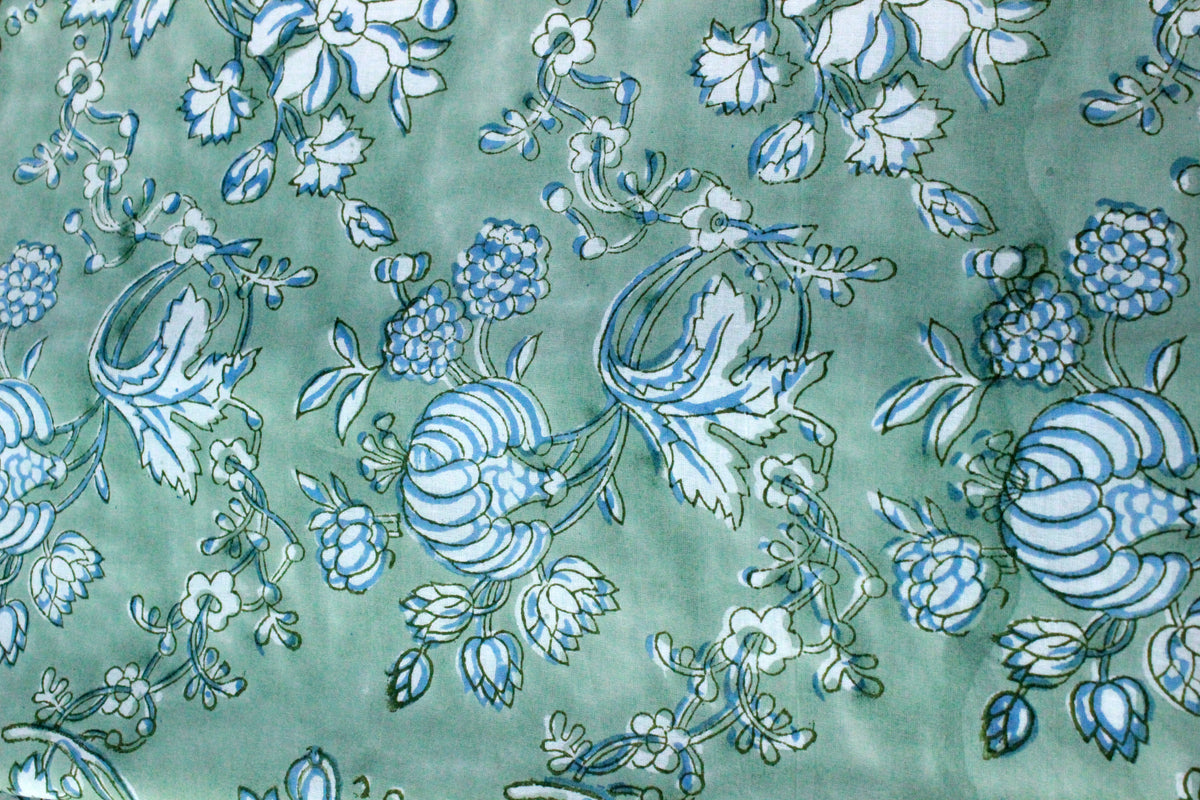Hand Block Print Cotton Fabric: Green Floral Mughal Design
