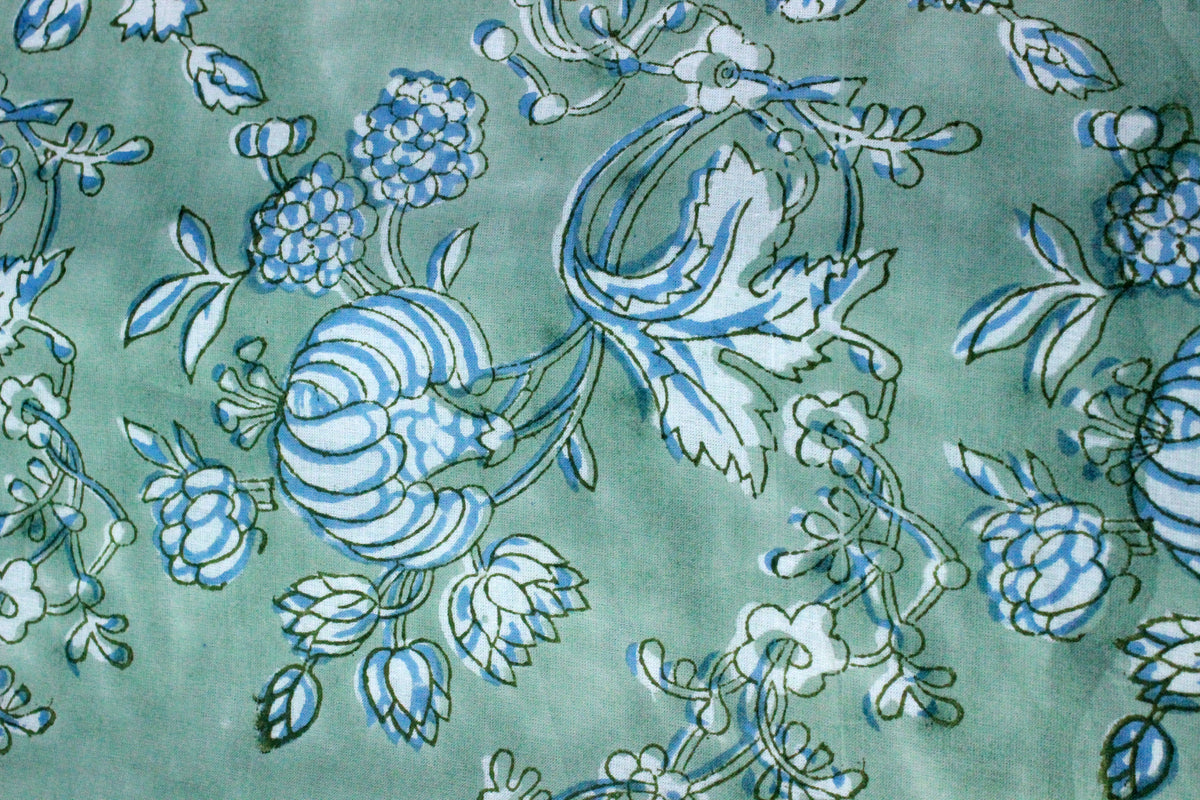 Hand Block Print Cotton Fabric: Green Floral Mughal Design