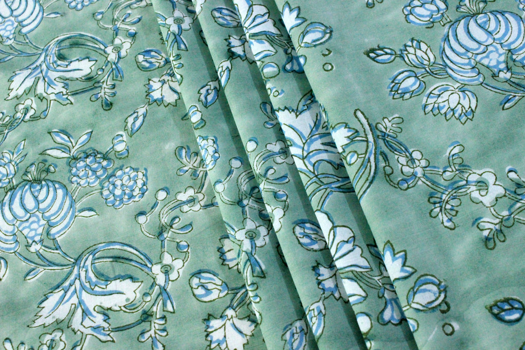 Hand Block Print Cotton Fabric: Green Floral Mughal Design