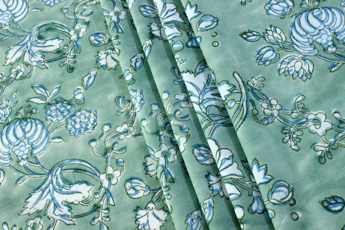 Hand Block Print Cotton Fabric: Green Floral Mughal Design