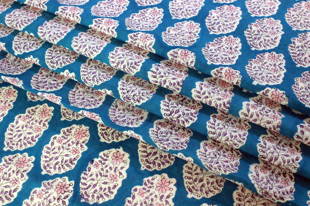 Blue Floral Hand Block Print Cotton Fabric - Indian Mughal Design