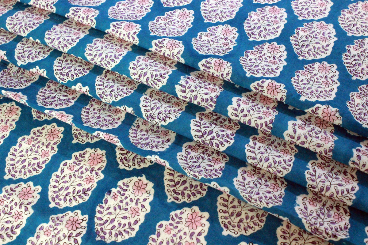 Blue Floral Hand Block Print Cotton Fabric - Indian Mughal Design
