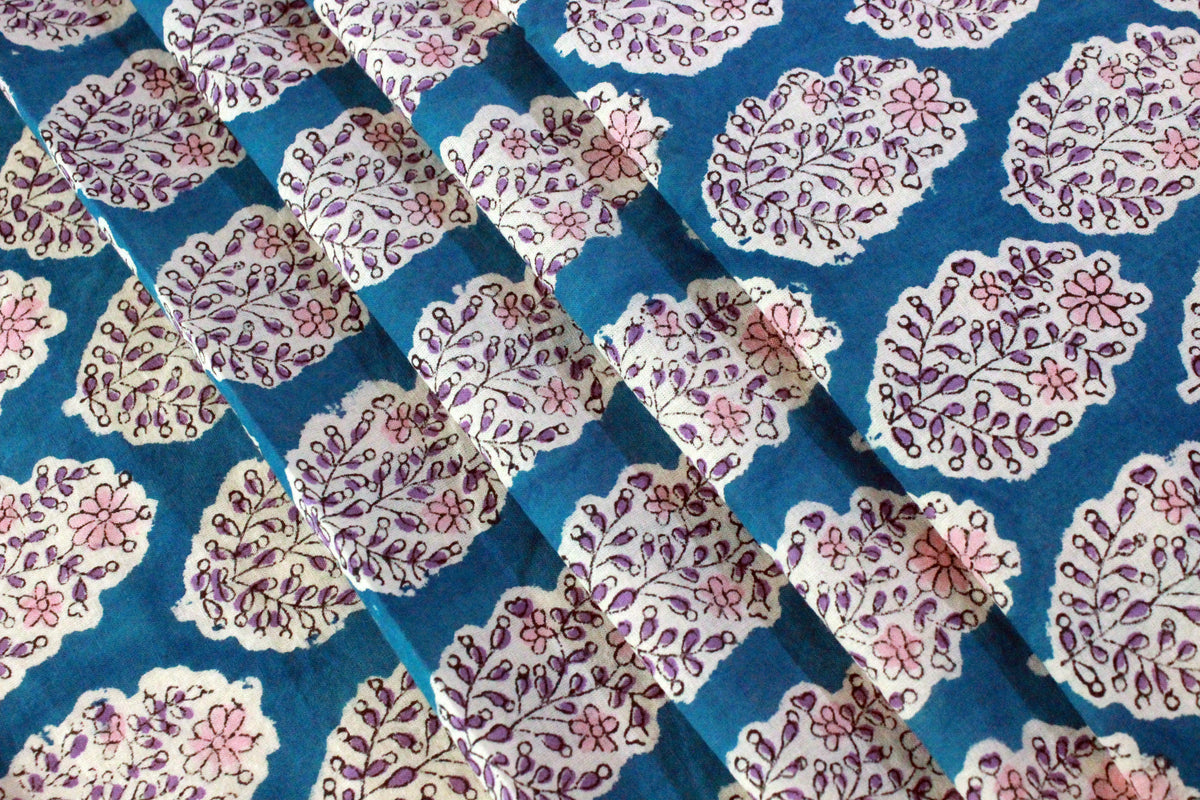 Blue Floral Hand Block Print Cotton Fabric - Indian Mughal Design
