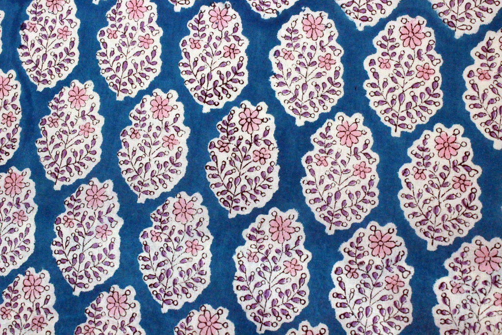 Blue Floral Hand Block Print Cotton Fabric - Indian Mughal Design