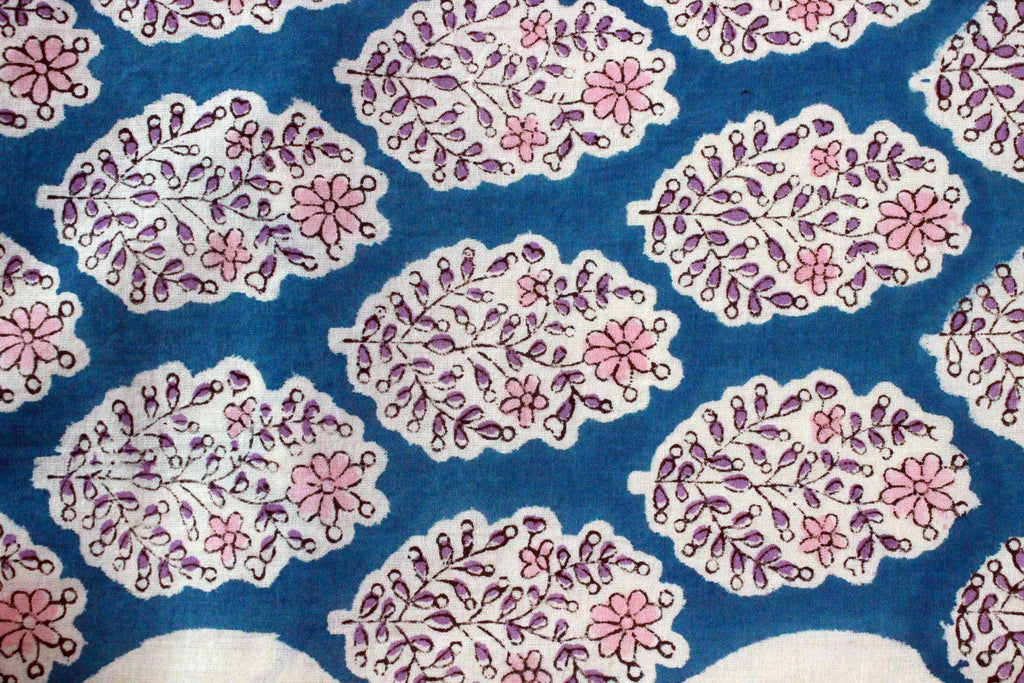 Blue Floral Hand Block Print Cotton Fabric - Indian Mughal Design