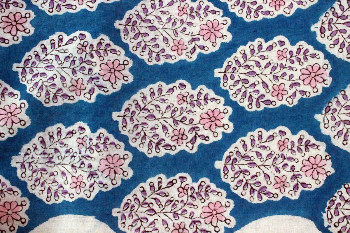 Blue Floral Hand Block Print Cotton Fabric - Indian Mughal Design