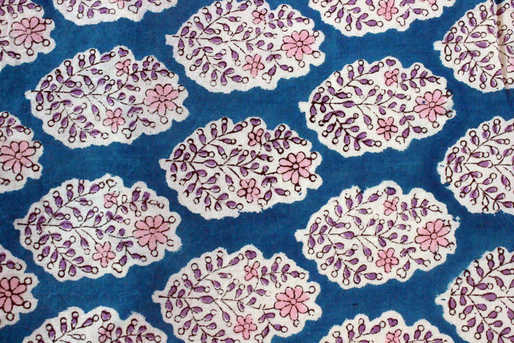 Blue Floral Hand Block Print Cotton Fabric - Indian Mughal Design