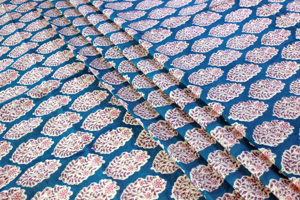 Blue Floral Hand Block Print Cotton Fabric - Indian Mughal Design