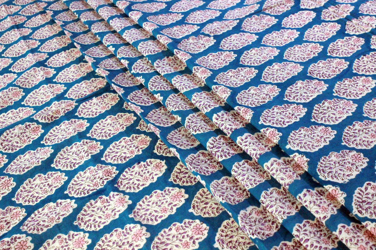 Blue Floral Hand Block Print Cotton Fabric - Indian Mughal Design