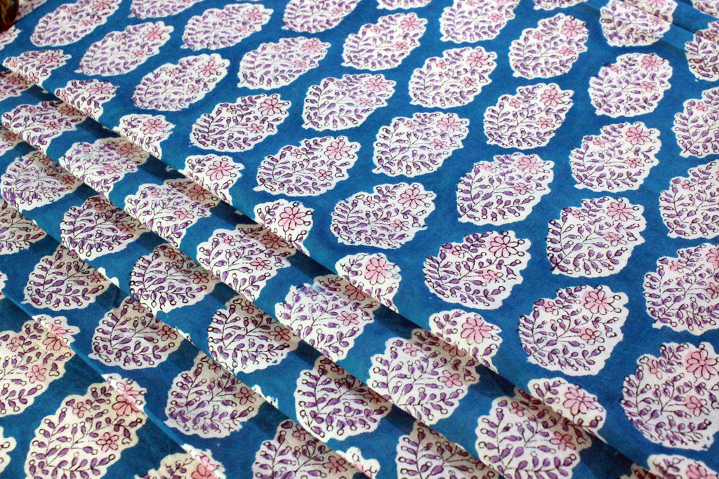 Blue Floral Hand Block Print Cotton Fabric - Indian Mughal Design