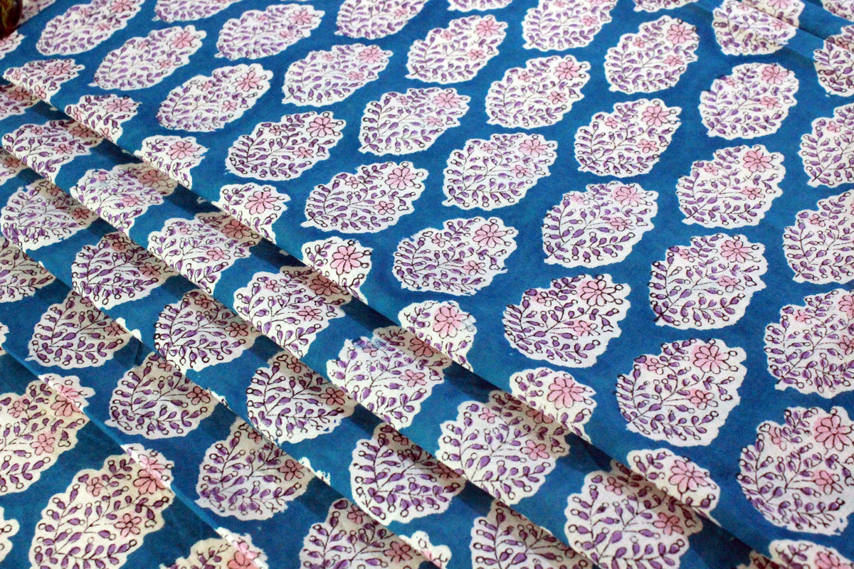 Blue Floral Hand Block Print Cotton Fabric - Indian Mughal Design