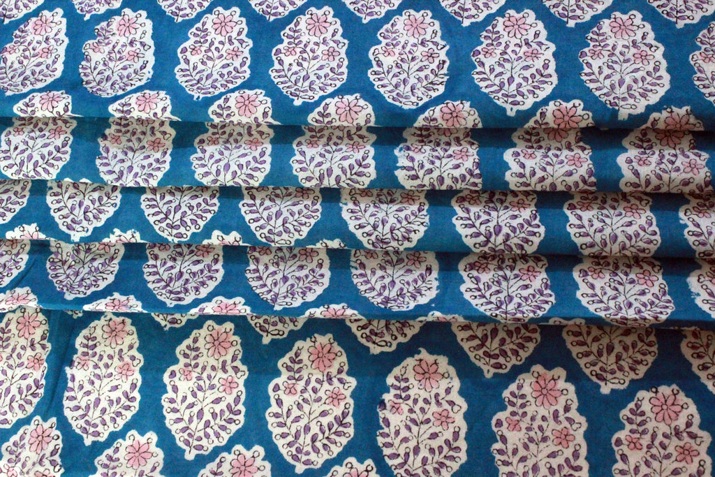Blue Floral Hand Block Print Cotton Fabric - Indian Mughal Design