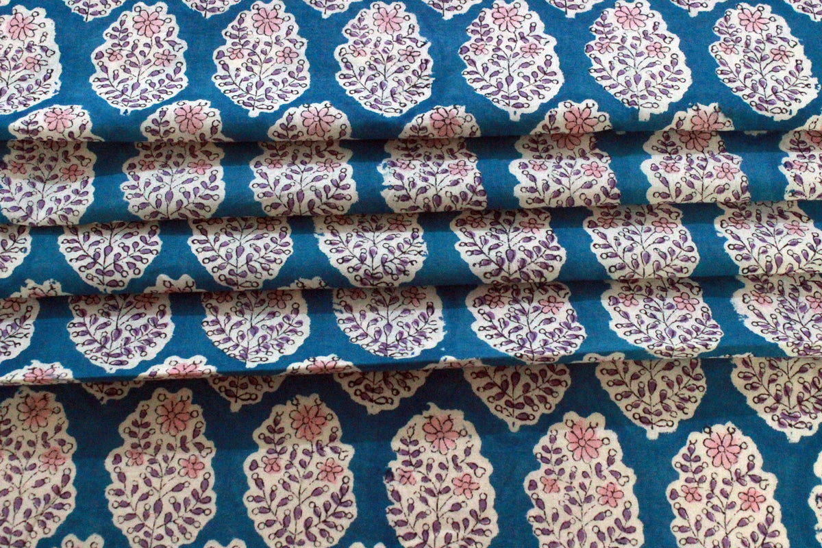 Blue Floral Hand Block Print Cotton Fabric - Indian Mughal Design