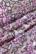 Hand Block Print Cotton Fabric: Brown & Pink Floral, Indian Fabric By The Yard