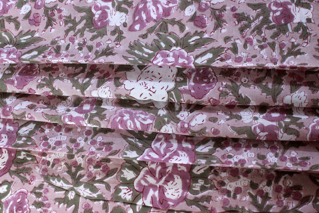 Hand Block Print Cotton Fabric: Brown & Pink Floral, Indian Fabric By The Yard