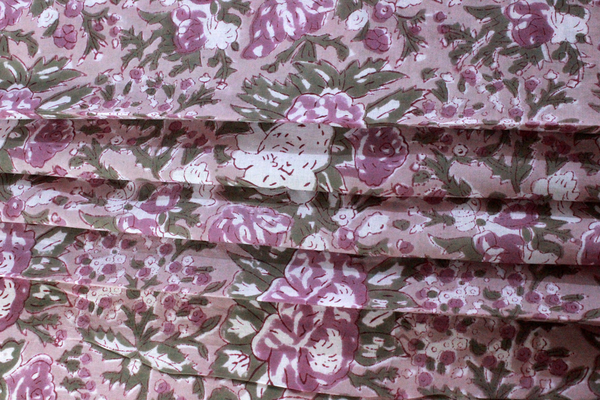 Hand Block Print Cotton Fabric: Brown & Pink Floral, Indian Fabric By The Yard