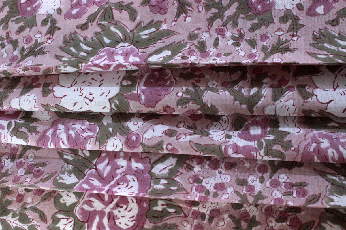 Hand Block Print Cotton Fabric: Brown & Pink Floral, Indian Fabric By The Yard