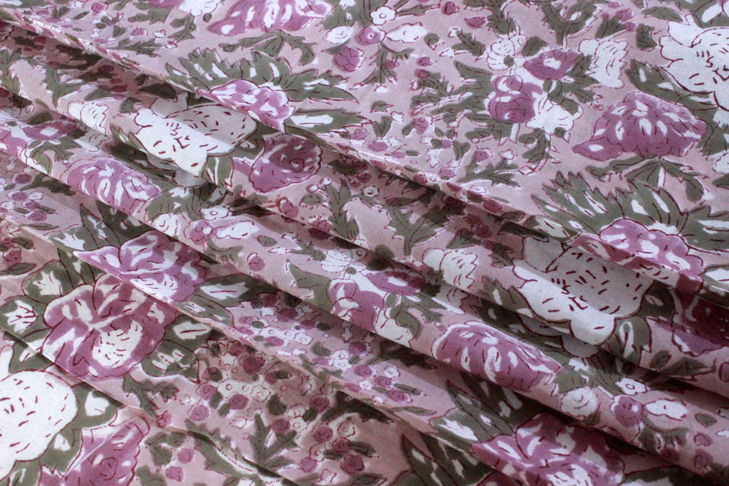 Hand Block Print Cotton Fabric: Brown & Pink Floral, Indian Fabric By The Yard