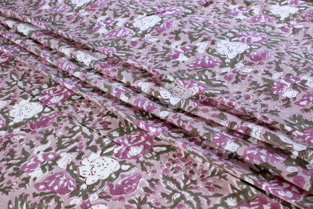 Hand Block Print Cotton Fabric: Brown & Pink Floral, Indian Fabric By The Yard