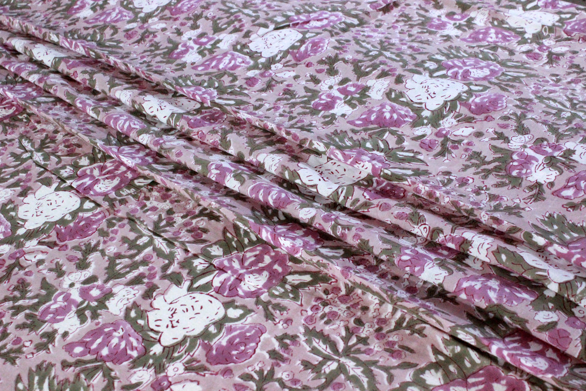 Hand Block Print Cotton Fabric: Brown & Pink Floral, Indian Fabric By The Yard
