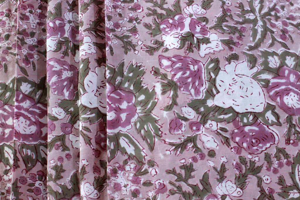 Hand Block Print Cotton Fabric: Brown & Pink Floral, Indian Fabric By The Yard