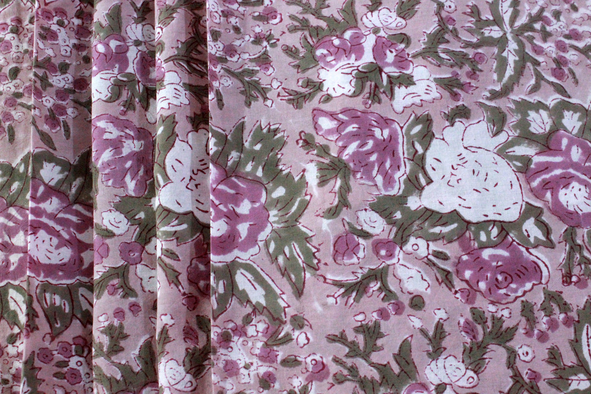 Hand Block Print Cotton Fabric: Brown & Pink Floral, Indian Fabric By The Yard