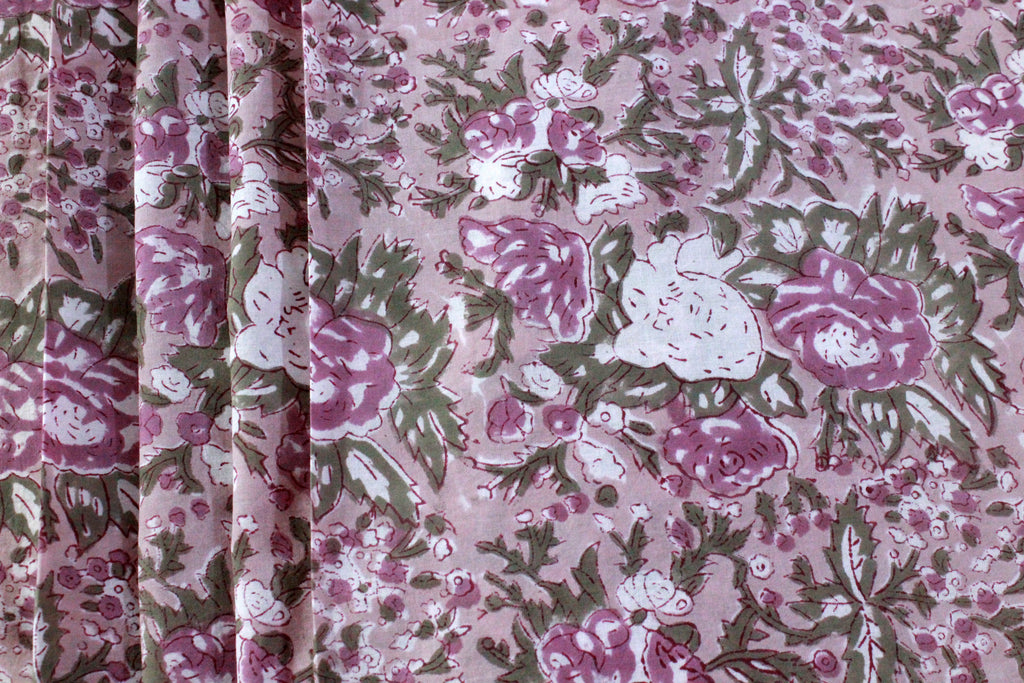 Hand Block Print Cotton Fabric: Brown & Pink Floral, Indian Fabric By The Yard