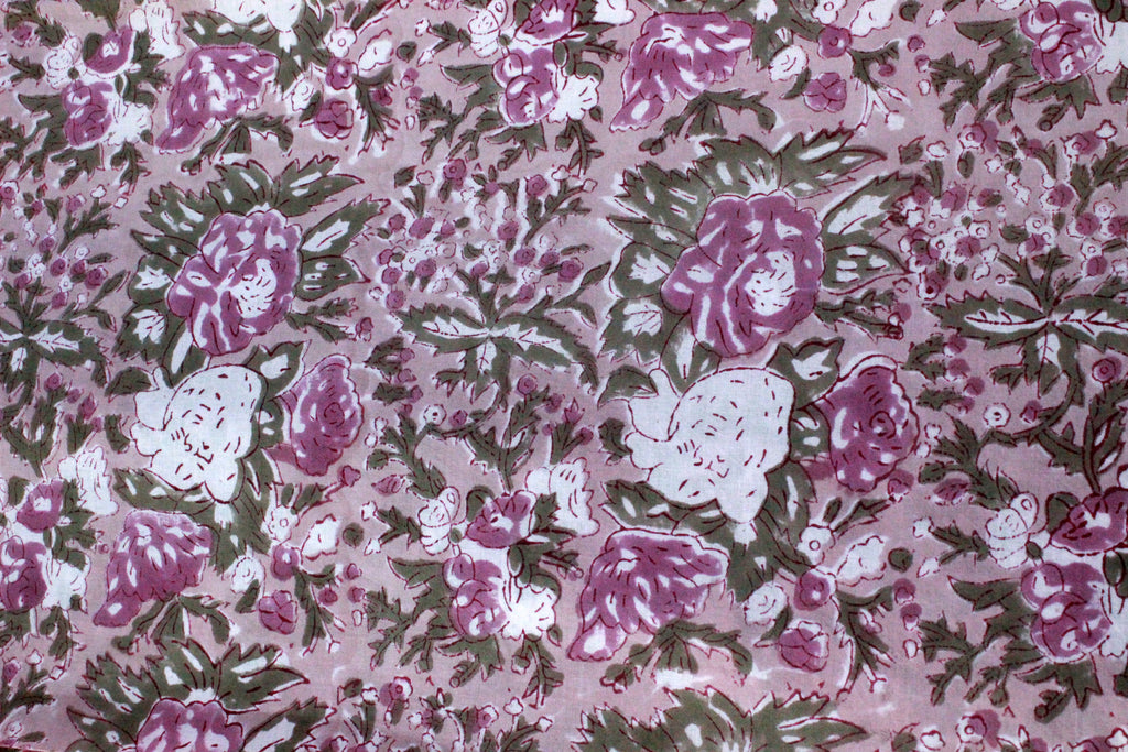 Hand Block Print Cotton Fabric: Brown & Pink Floral, Indian Fabric By The Yard