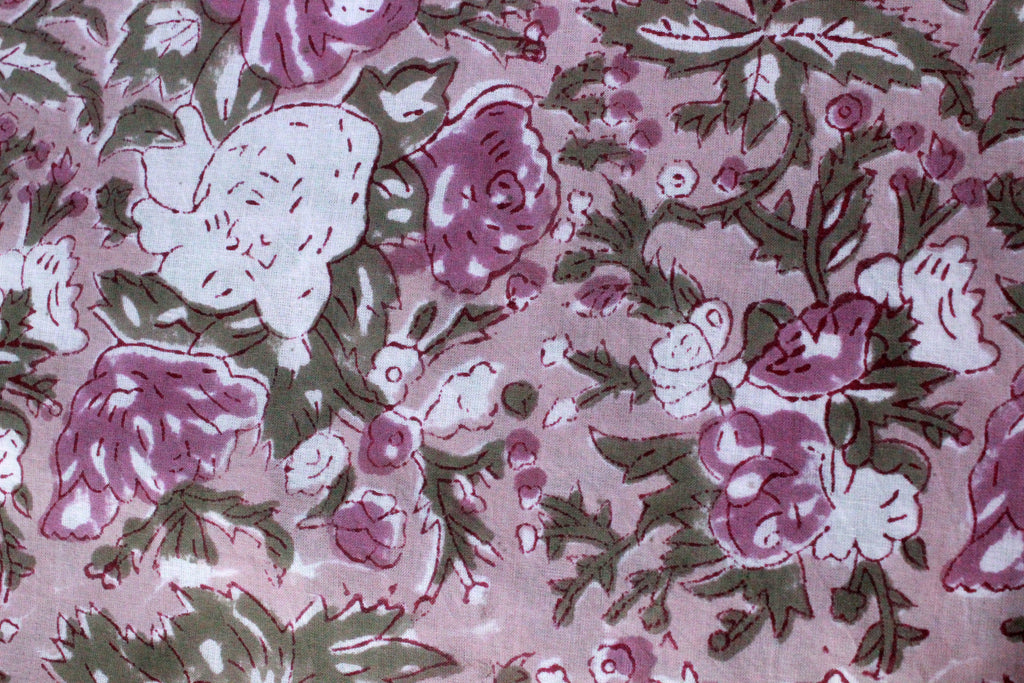 Hand Block Print Cotton Fabric: Brown & Pink Floral, Indian Fabric By The Yard