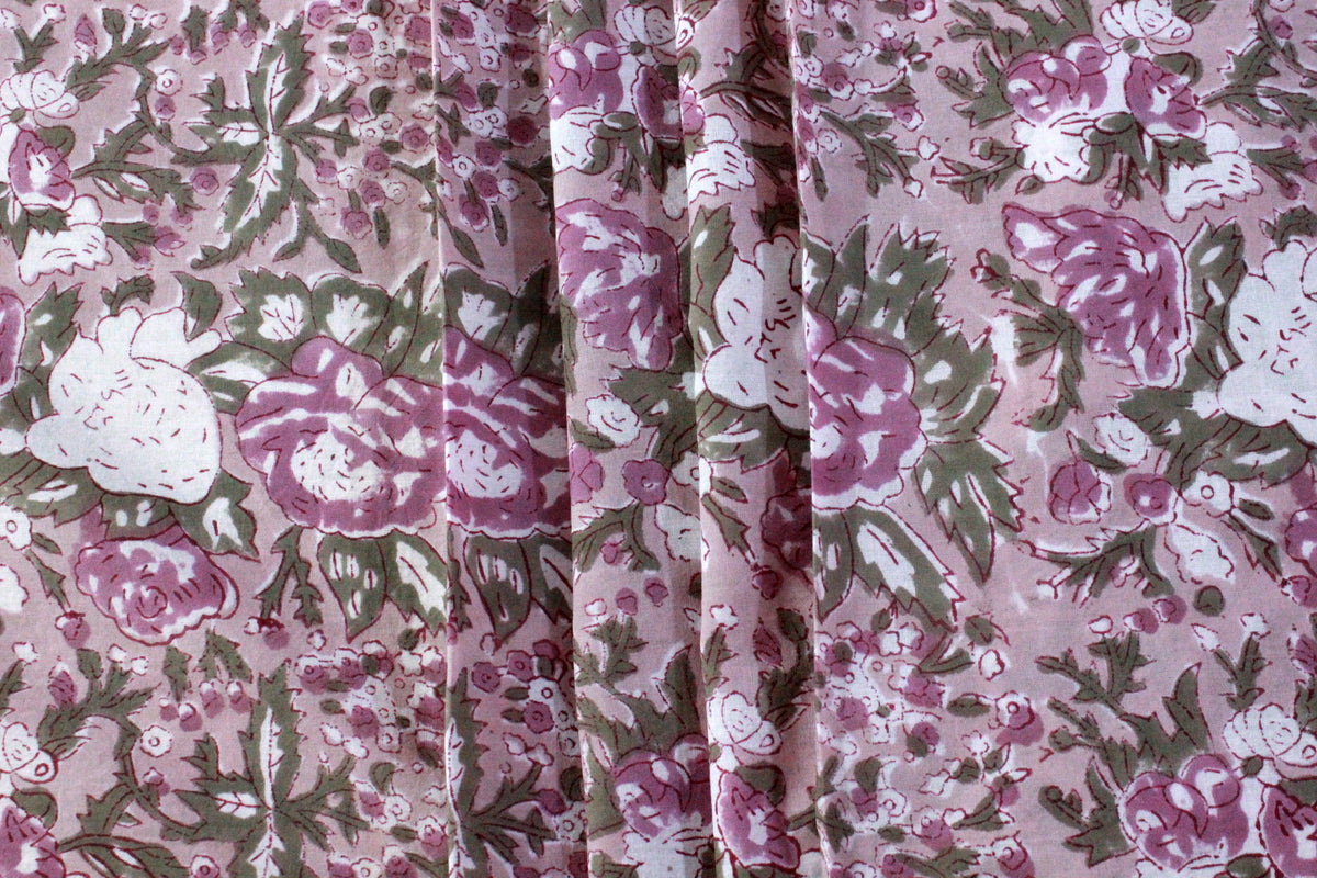 Hand Block Print Cotton Fabric: Brown & Pink Floral, Indian Fabric By The Yard