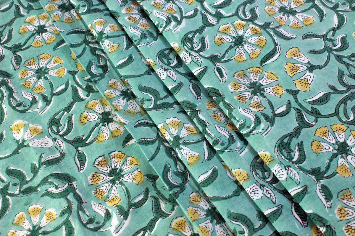 Floral Cotton Fabric: Green & Yellow Hand Block Print, Indian Fabric by the Yard
