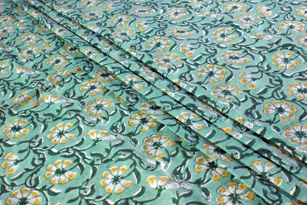 Floral Cotton Fabric: Green & Yellow Hand Block Print, Indian Fabric by the Yard