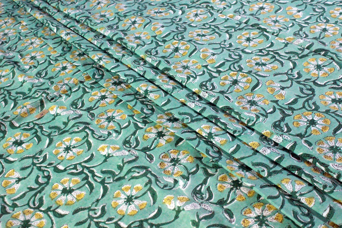 Floral Cotton Fabric: Green & Yellow Hand Block Print, Indian Fabric by the Yard