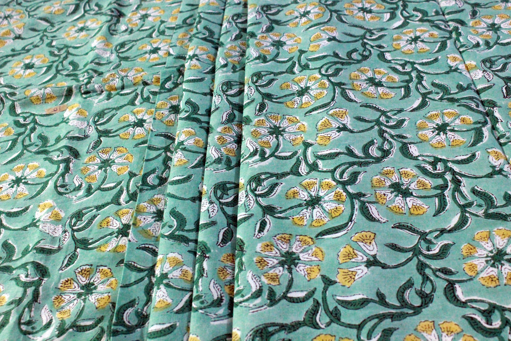 Floral Cotton Fabric: Green & Yellow Hand Block Print, Indian Fabric by the Yard