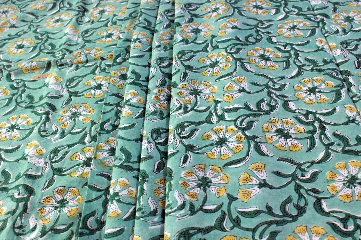 Floral Cotton Fabric: Green & Yellow Hand Block Print, Indian Fabric by the Yard