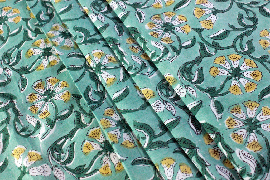 Floral Cotton Fabric: Green & Yellow Hand Block Print, Indian Fabric by the Yard