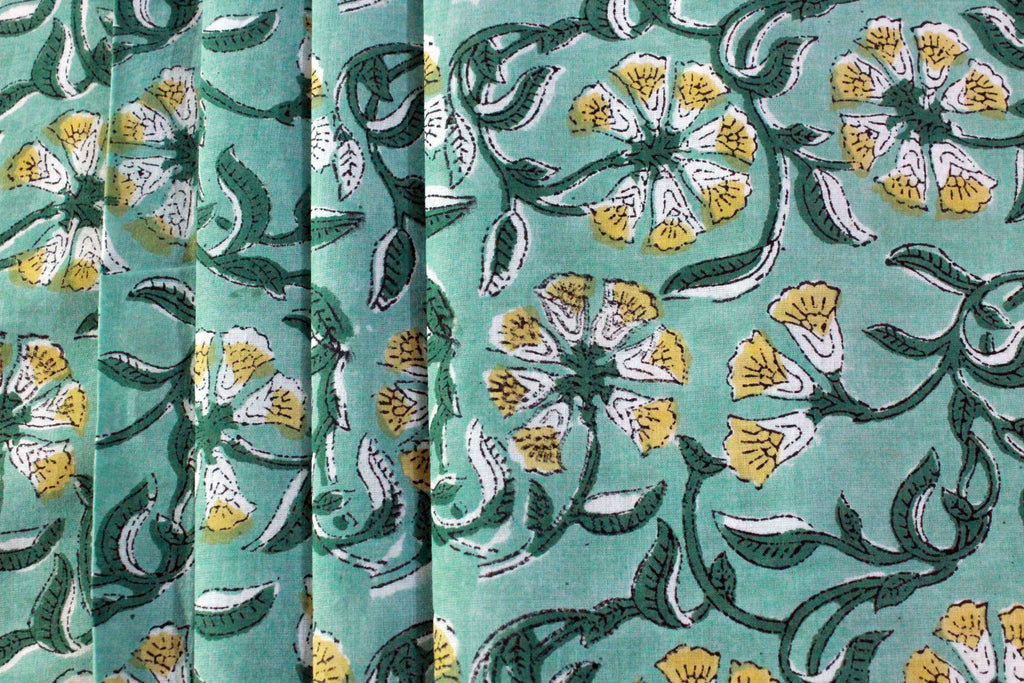 Floral Cotton Fabric: Green & Yellow Hand Block Print, Indian Fabric by the Yard