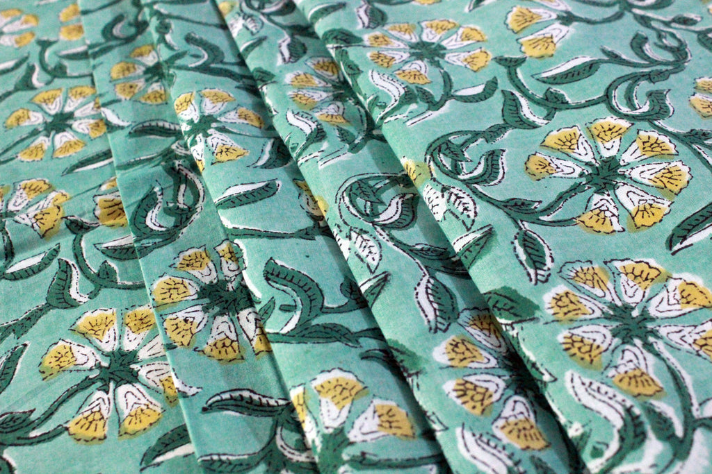 Floral Cotton Fabric: Green & Yellow Hand Block Print, Indian Fabric by the Yard