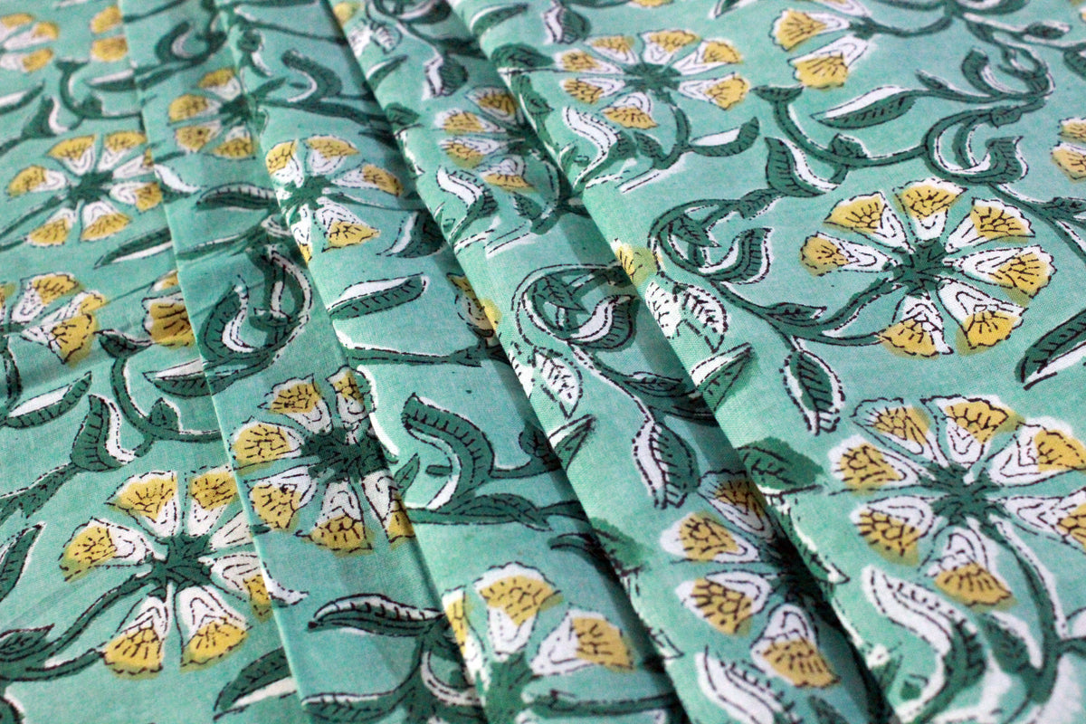 Floral Cotton Fabric: Green & Yellow Hand Block Print, Indian Fabric by the Yard