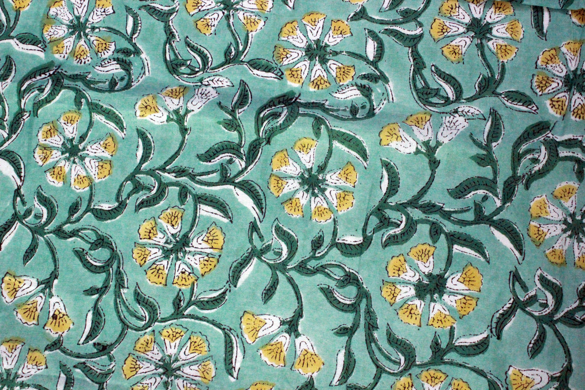 Floral Cotton Fabric: Green & Yellow Hand Block Print, Indian Fabric by the Yard