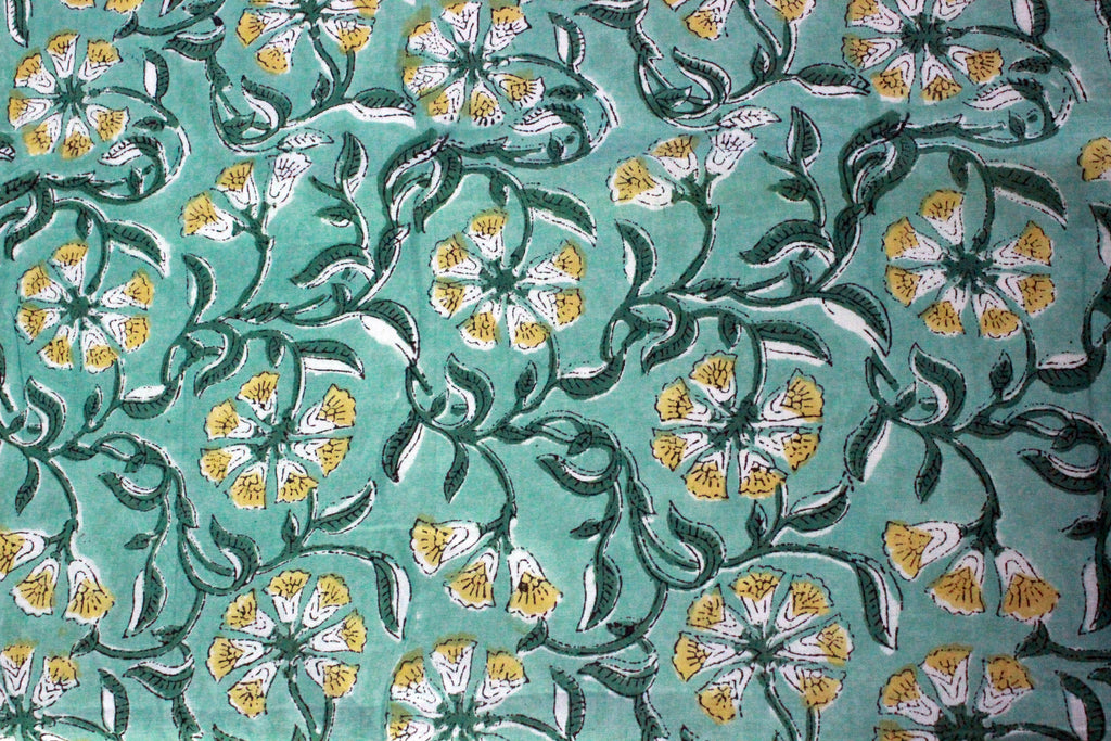 Floral Cotton Fabric: Green & Yellow Hand Block Print, Indian Fabric by the Yard
