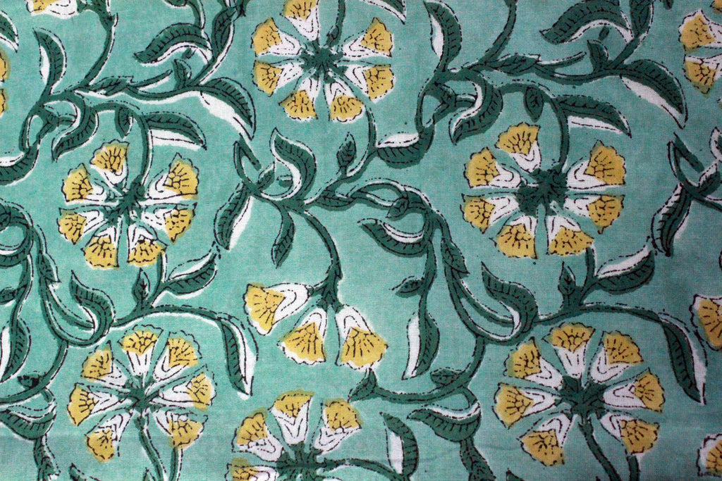 Floral Cotton Fabric: Green & Yellow Hand Block Print, Indian Fabric by the Yard